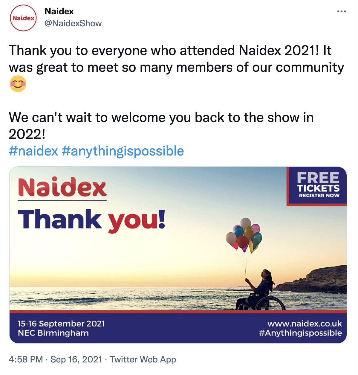A tweet summarising Naidex 2021.