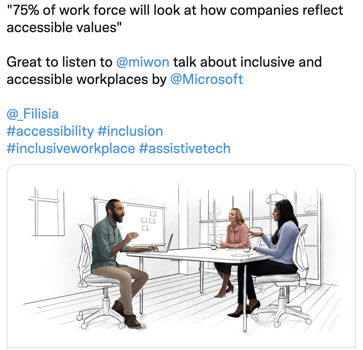 A tweet summarising the talk given by Microsoft on accessibility in the workplace.